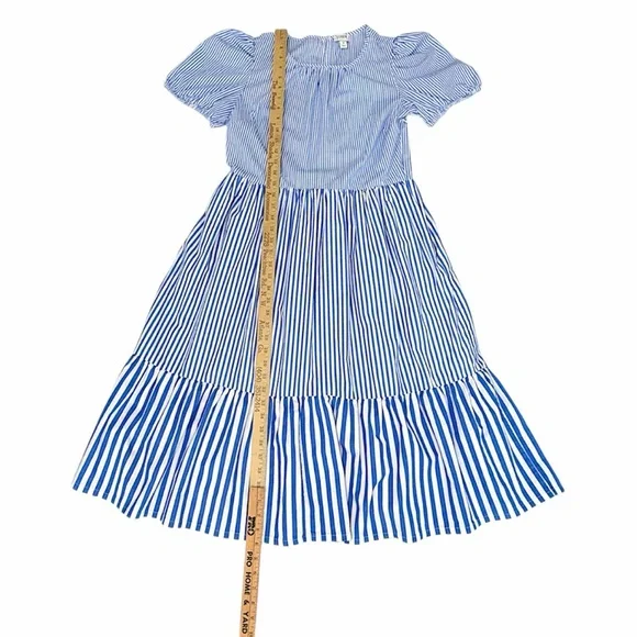 J. Crew Poplin Puff Sleeve Blue Striped Tiered Midi Ruffle Dress Size 4 GUC! - Picture 7 of 16